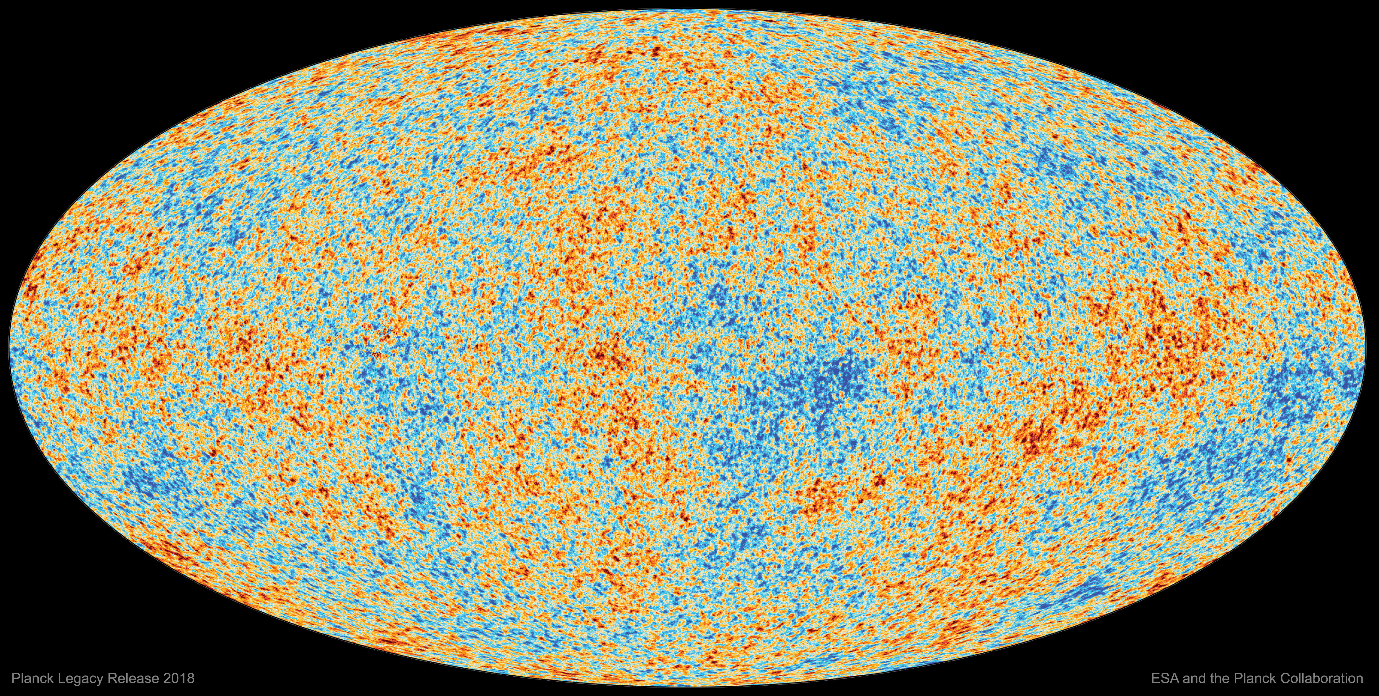 The Cosmic Microwave Background observed by *Planck*. Credit: *Planck* Legacy Release 2018, ESA and the *Planck* collaboration.